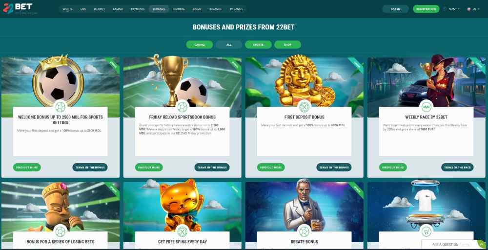 Bonus offers at 22bet