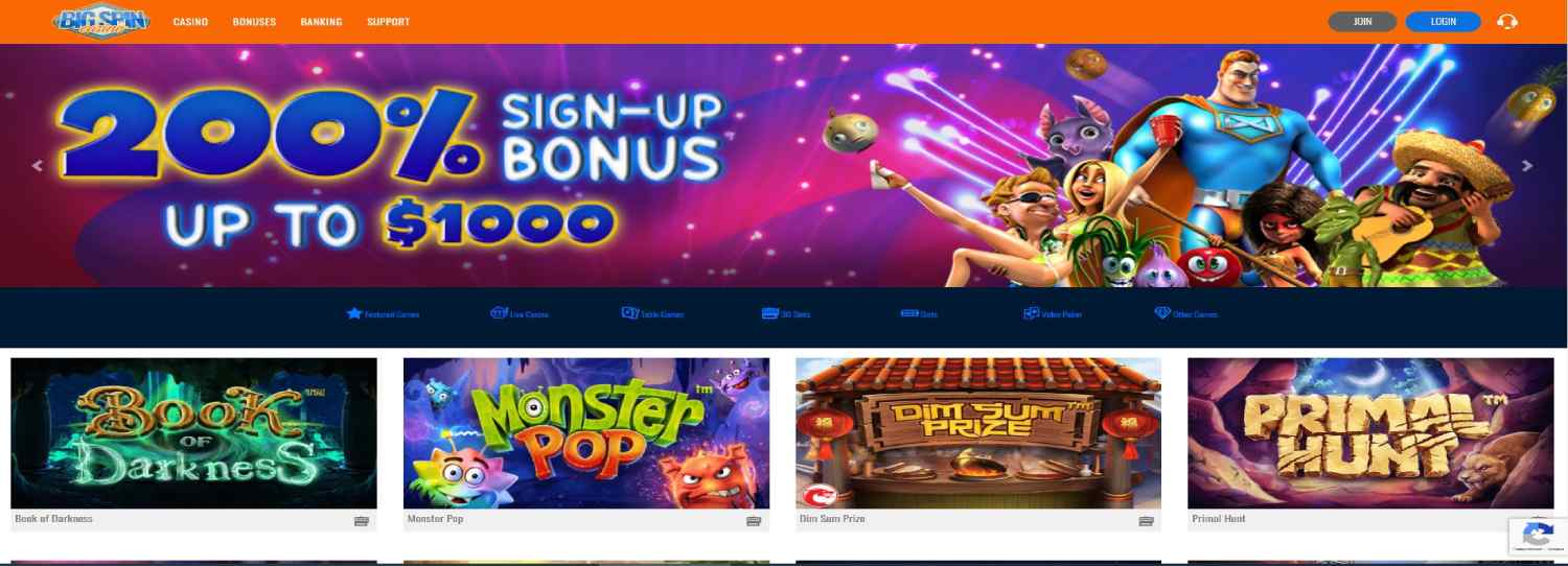 Big Spin Casino homepage features most played games