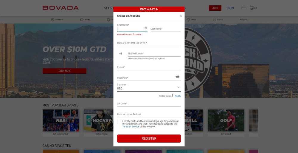 Bovada sign up form