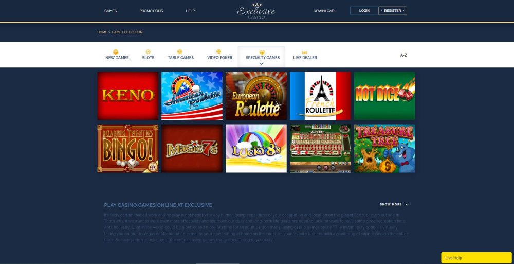 Speciality games section and Exclusive casino