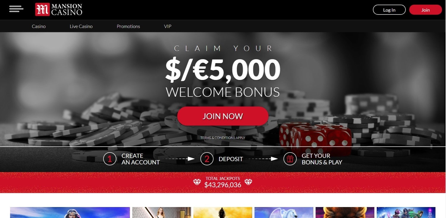 Mansion Casino homepage view