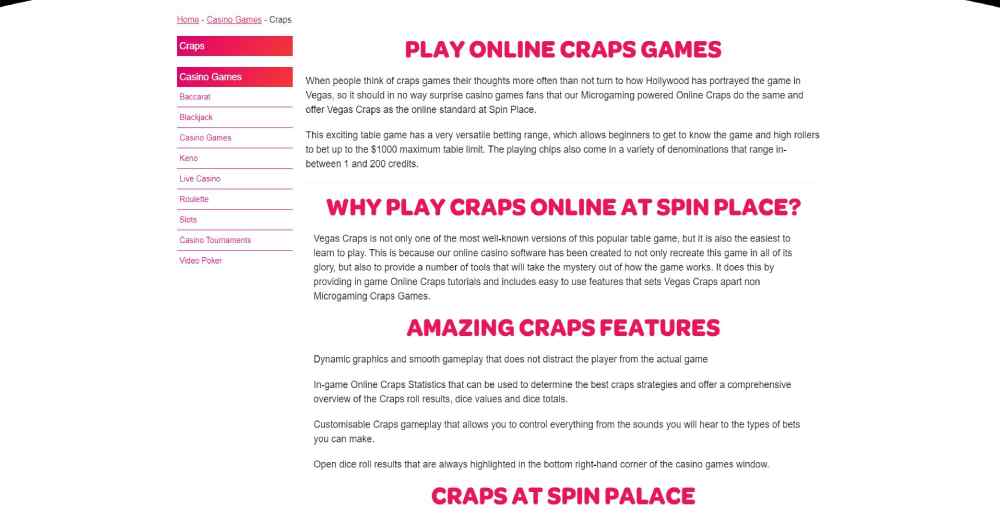 Craps games and articles available at Spin Palace