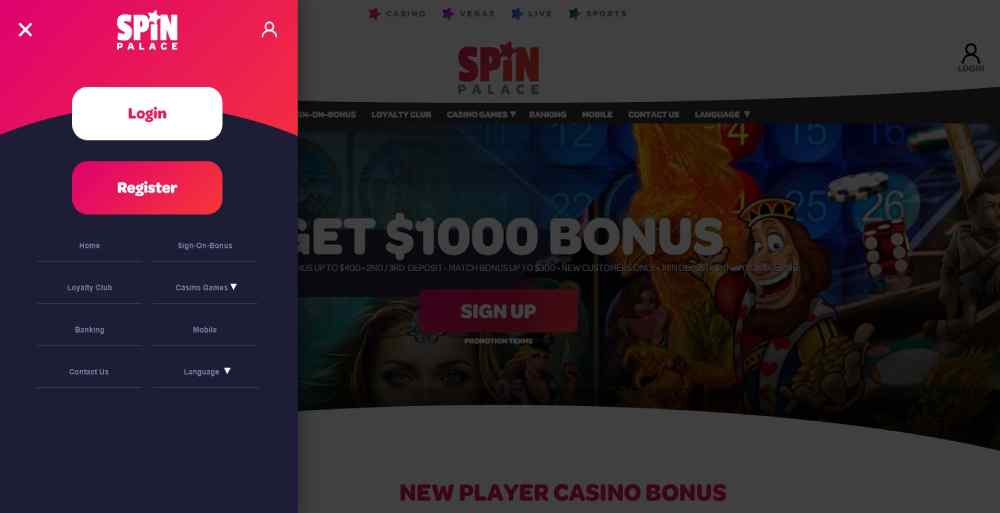 Spin Palace's sign up form