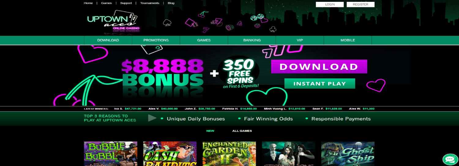 Uptown Aces homepage and welcome bonus